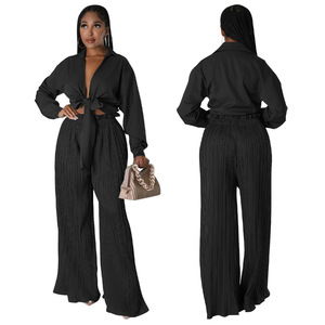 Casual 2‑Piece Women Matching <b>Set</b>, Lapel <b>Tie</b> Knot Blouse High Waist Pleated Wide Leg Pants, Vacation Party Outfit - Product Image 3