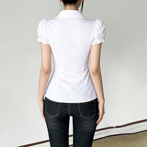 Chemisier plissé à col roulé et nœud contrastant pour femme, style preppy estival, manches courtes, couleur unie, décontracté - Product Image 4