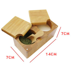 Two-compartment wooden spice storage box with lid for kitchen seasoning