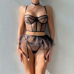 Conjunto de Lencería Sexy de Encaje con Lunares para Mujer, Nuevo Estilo Ruso, Conjunto de Tres Piezas, Ropa Interior Erótica para Mujer - Product Image 4
