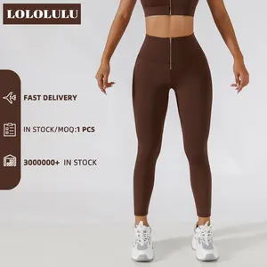 MOQ 1 High Waist Front Zip Yoga Pants Elastic Peach Butt Lift Gym Leggings For Women