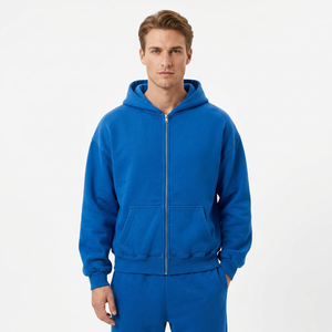 Sweat-shirt à capuche décontracté bleu uni avec fermeture éclair, en molleton de coton doux et chaud, unisexe, streetwear, grandes tailles, automne-hiver - Product Image 1