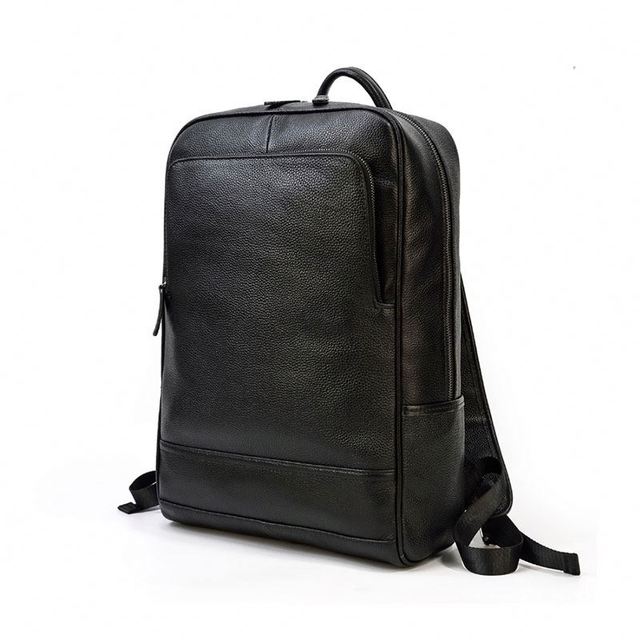 BEARKY Black Pebbled Leather Backpack Daypack Structured Front Zipper Travel Laptop Rucksack Bookbag