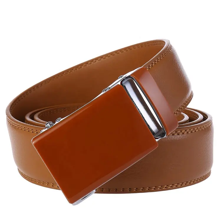 Men Unisex Genuine Ratchet Colorful Leather Belt with Automatic Sliding Buckle Trim to Fit