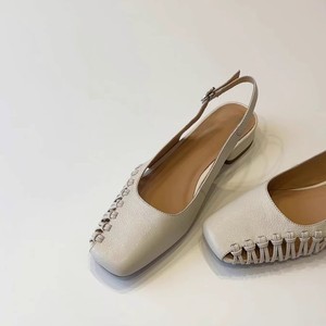 Sandales à talons slingback, bout carré, talon bloc bas, en cuir véritable, bride arrière, respirantes, chaussures pour femmes - Product Image 1