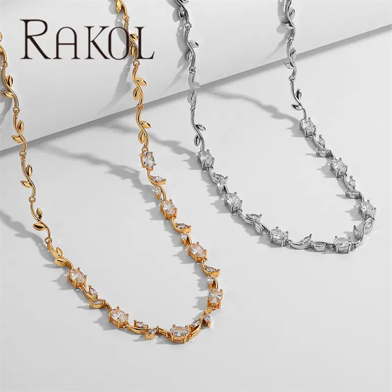 Rakol NP5230 nuevo diseño hoja de olivo flor circón cúbico collar de lujo chapado en oro nupcial boda encanto cadena joyería