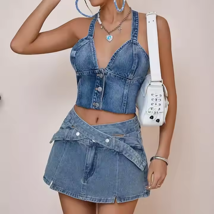 Knee Length High Waisted Denim Skirt With Braces Blue Denim Slit