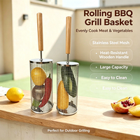 Panier de barbecue rotatif DaS en acier inoxydable avec poignée en bois pour légumes, viande, crevettes, barbecue en plein air