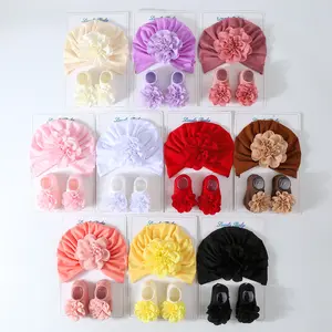 Nuevo bebé 1 Juego de sombreros de flores grandes calcetines recién nacido suave sólido Prewalker calcetín antideslizante sombrero niña infantil lindo gorro gorros turbante Calcetines