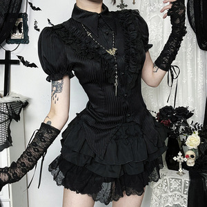 Kemeja Sweet Lolita Wanita Vintage Gothic Hitam Putih Jacquard Blus Lengan Pendek Elegan Atasan Kantor Wanita Y2k - Product Image 3