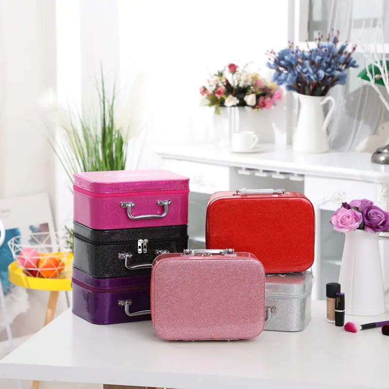 Aluminum Handle Shiny Glitter PU Portable Travel makeup cosmetic Box Hard Makeup Beauty Case with Mirror