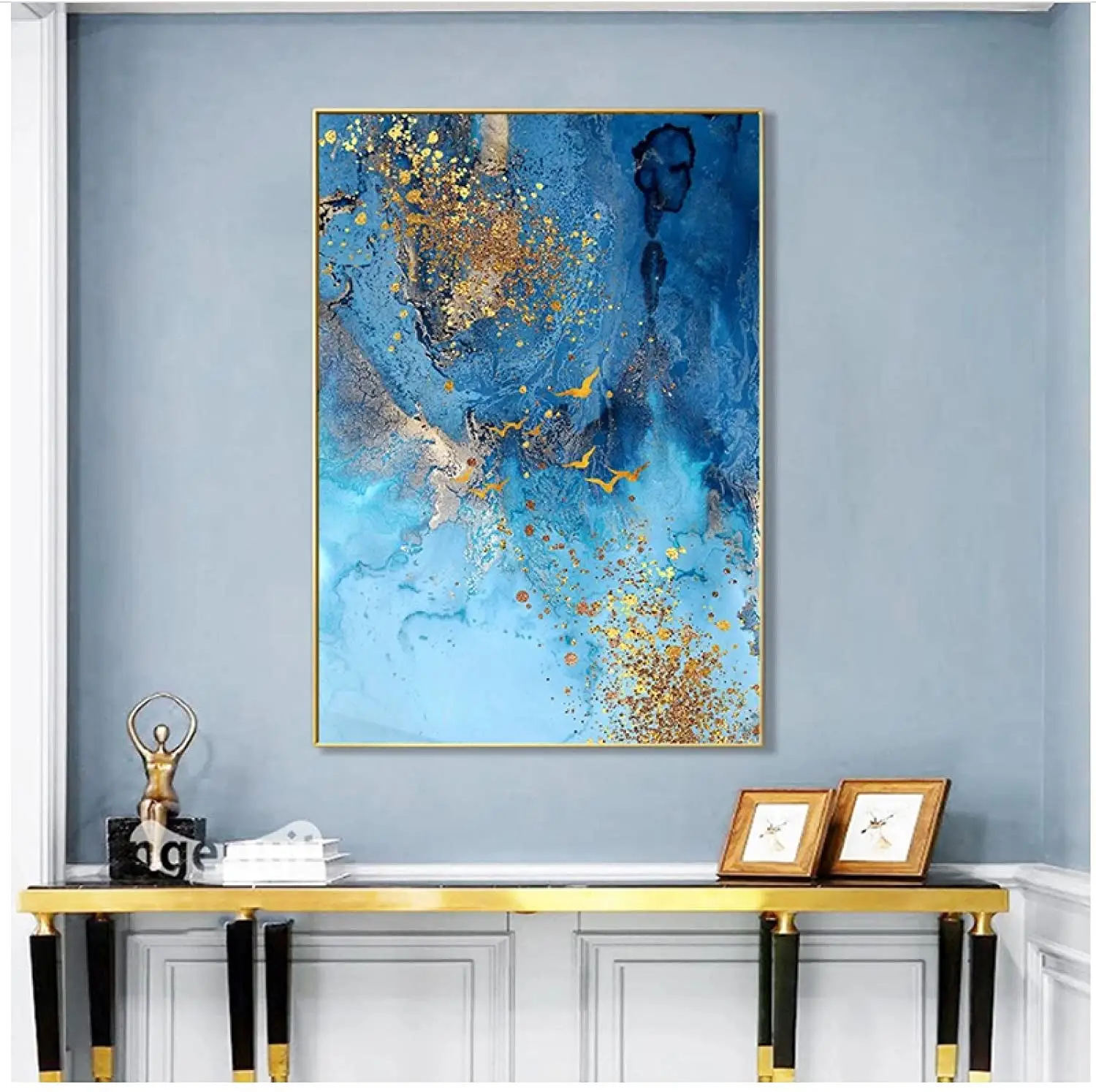 POLA Modern Abstract Gold Blue Marble Texture Canvas Painting Posters and Prints Wall Art Pictures for Living Room