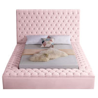 Lit Luxe Léger Design Européen pour Chambre avec Tête de Lit en Velours Rose, Cadre en Bois, Taille Queen King et Rangement