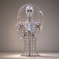 Sculpture de buste de squelette humain en fil d'acier inoxydable poli miroir