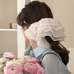 Serre-tête en tissu maille douce avec fleur trompette, accessoire pour cheveux multi-couches avec chouchous - Product Image 1