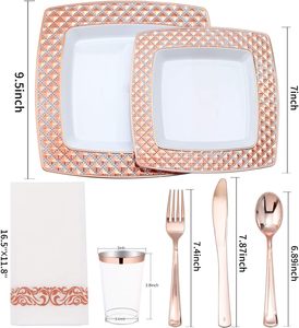 175 pièces ensembles de vaisselle carrés pâtés avec couverts vaisselle jetable en plastique robuste avec bordure en dentelle dorée pour la fête de mariage - Product Image 6