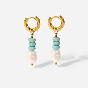 natural stone bead pearl drop earrings for women hypoallergenic stainless steel no fade 18K PVD gold plated huggie hoop earring