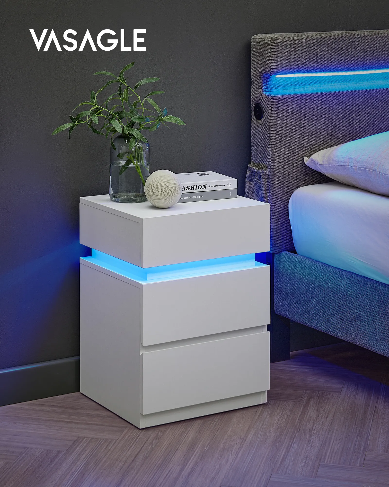 VASAGLE-mesa auxiliar de sofá con 3 cajones, mesita de noche iluminada inteligente, led, colores ajustables, para dormitorio y sala de estar