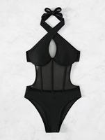 Dames Halter Kruis Mouwloze Bodysuit Water Wear Bikini Doorschijnende Mesh Korset Bustier Sexy Uitgesneden Leotard Jumpsuit