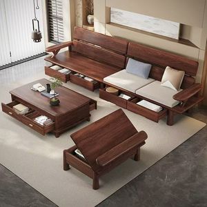Chinese Style Black Walnut Solid Wood Sofa <b>Set</b> With Storage Living Room Furniture - Product Image 4