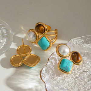 Geometric <b>Ring</b> <b>Set</b> With Pearl Turquoise Tiger Eye <b>Gold</b> Plated Bezel Setting Fashion Jewelry Gift - Product Image 4