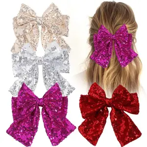 7.5 Inch Large Sequin Glitter Sparkle Hair Bows For Women Girls