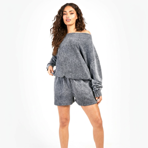 Ensemble de survêtement court deux pièces pour femme, délavé à l'acide, formel, hiver, tissé, doublé, à épaules dénudées, respirant et à séchage rapide - Product Image 1