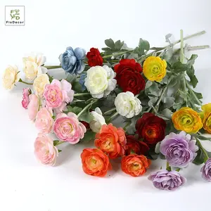 High End European 3 Heads Flocked Artificial White Ranunculus Silk Flowers Home Wedding Decoration Photography Props