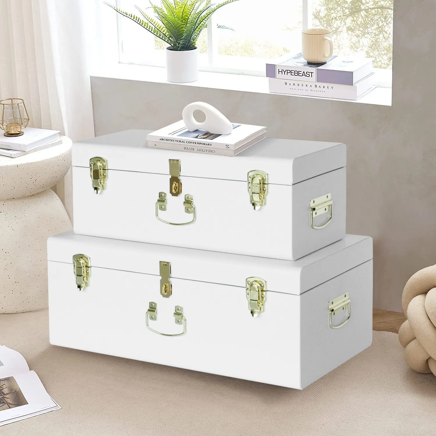 Metal storage trunk set of 2 White trunks storage with gold metal lock accessories