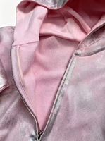 Sweat à capuche unisexe rose métallisé 100 % coton, style designer de luxe, coupe oversize, effet vieilli et déchiré, avec fermeture éclair argentée brillante, style streetwear