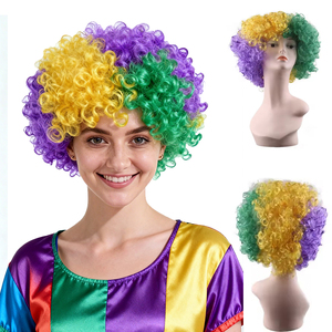 Perruques Afro Mardi Gras pour femmes et filles, longues, ondulées, résistantes à la chaleur, avec bonnet en maille élastique, synthétiques, pour cosplay et fêtes, couleurs violet, jaune, vert - Product Image 1