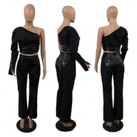 Ensemble deux pièces sexy pour femme : chemise asymétrique style motard et pantalon en cuir – Tenue de club tendance