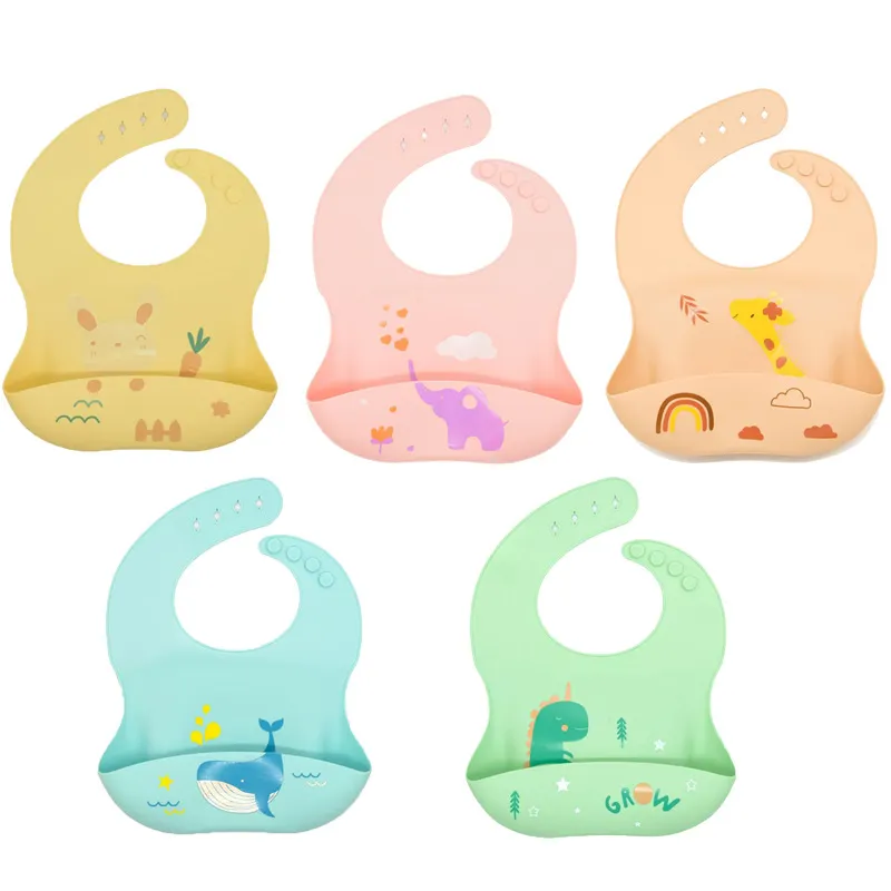 Vente en gros, sans Bpa, doux, réglable, imperméable, ensemble d'alimentation pour enfants, bavoirs en silicone pour bébés et tout-petits