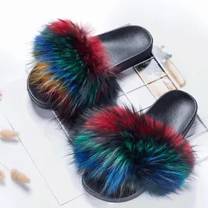 wholesale custom design any color black or grey baby kids women home indoor real fox raccoon or mink fur slides sandals slippers