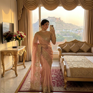 Designer Beautiful Embroidery And Sequence Work Space <b>Satin</b> Saree Paired With Embroidery Work Fully Stitched <b>Blouse</b> - Product Image 1
