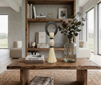 Centre de table moderne en bois neutre avec anneau unique et pompons en coton, décoration de table basse, sculpture de table de salon style bohème