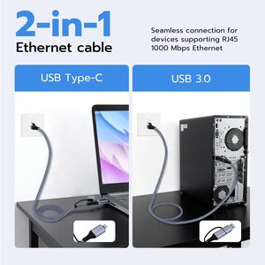 2 in 1 USB a/usb C ไปยังสายอีเทอร์เน็ต6.6FT ประเภท C เพื่อ RJ45 Gigabit LAN Network CORD อลูมิเนียม USB 3.0 Plug & Play แล็ปท็อป - Product Image 3