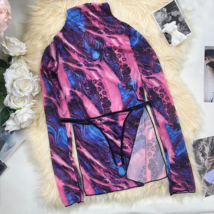 New <b>Women's</b> Split Sexy Small High Neck Long Sleeve Mesh Breathable Tie Dyed Dress <b>Women's</b> Clothing - Product Image 5