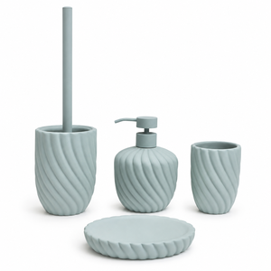 Customized Spiral Ribbed Ceramic 4-Pc Bath <b>Set</b>, Matte Rubberized – Lotion Dispenser, <b>Soap</b> Dish, Tumbler & Toilet Brush Holder - Product Image 1