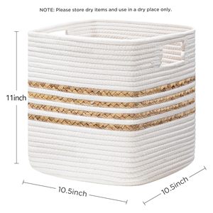 Paniers de rangement en jacinthe d'eau pour étagères, jouets, paniers de rangement avec poignées, paniers tissés en corde de coton pour l'organisation, blanc - Product Image 2