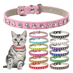 Factory Direct Sale Fashion Shiny Diamonds Cat Collar Leather Bling Rhinestones Pet Collars