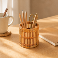Porte-crayons en bambou tissé à la main, organiseur de bureau pour stylos et pinceaux de maquillage, décoration de bureau, vente en gros OEM, porte-crayons tissé