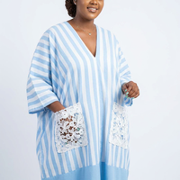 Robe Boubou Kaftan décontractée à rayures bleues pour femmes musulmanes, Abaya ample, Robe de soirée africaine avec poches en dentelle