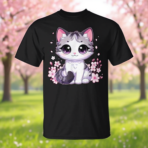 Camiseta Cat Kitten With Cherry Blossoms, color negro, unisex, talla para adultos - Product Image 3