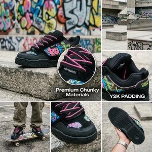 Baskets de skate basses rembourrées Y2K personnalisées avec lacets épais, en cuir imprimé graffiti, soutien de la voûte plantaire, respirantes et color block - Product Image 5