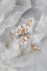Fancy Gold Plating and Enamel Rhinestone Pearl Flower Bridal <strong>Hair</strong> <strong>Pins</strong> <strong>Wedding</strong> - Product Image 5