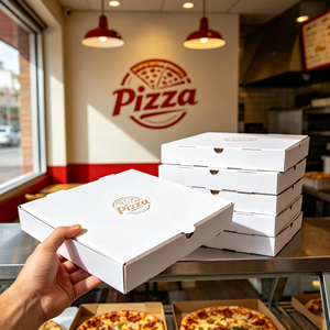 Cajas de <span class=keywords><strong>Pizza</strong></span> Cuadradas Ranuradas para Entrega a Domicilio, Impresas Personalizadas con Laminación Mate, Desechables, Corrugadas, Biodegradables, de Papel Kraft, al por Mayor - Product Image 1