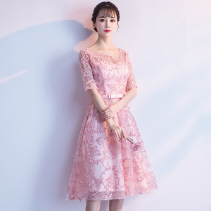 Elegant Pink Lace Bridesmaid Dress Mid Length Sweetheart Neckline Polyester Fiber Candy Color Engagement Dress - Product Image 2