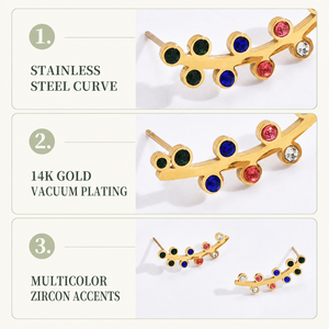 Boucles d'oreilles Ear Climber multicolores en zircon, en acier inoxydable plaqué or 14K sous vide, bijoux à clous incurvés - Product Image 4