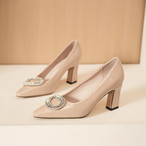 Pumps à bout pointu, talon bloc de 5 à 8 cm, doublure en PU, décoration en strass, chaussures de bureau confortables pour femmes - Product Image 1